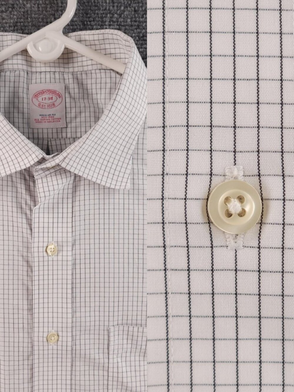Brooks Brothers 17 34 Cotton Non-Iron Check White Black Long Sleeve Shirt Men
